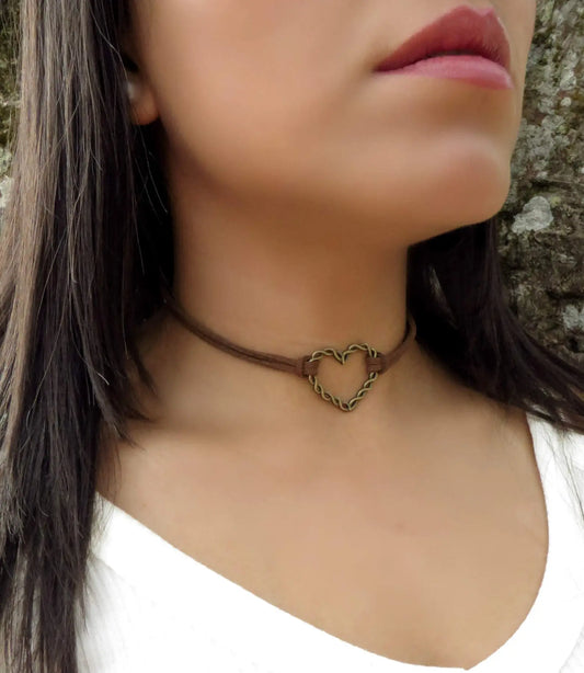 Heart Necklace, Suede Leather Choker