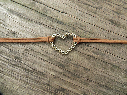 Heart Necklace, Suede Leather Choker